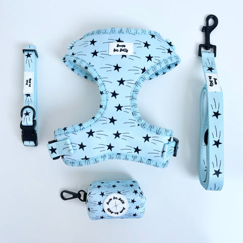 Blue star design harness collar lead and poop bag holder bundle